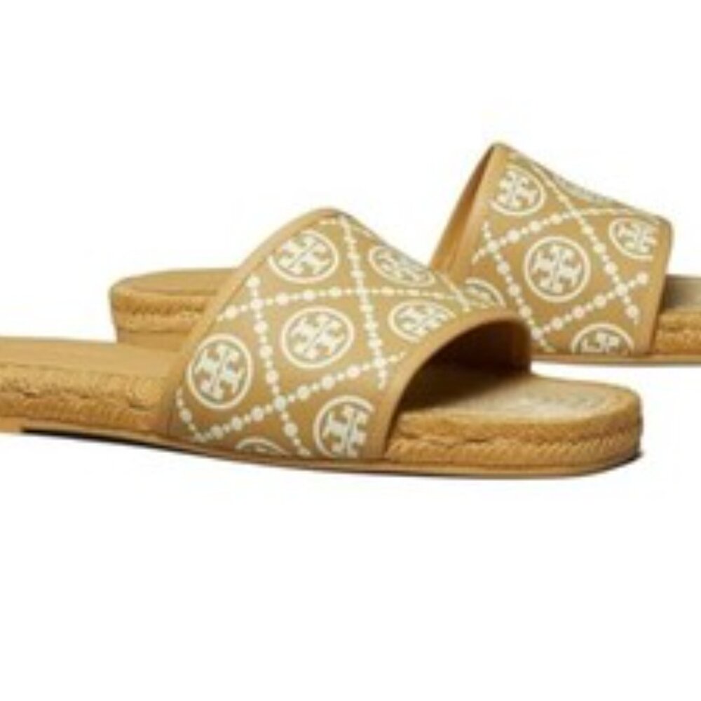 NIB Tory Burch T Monogram Espadrille Slide Sand Buff 9.5 9